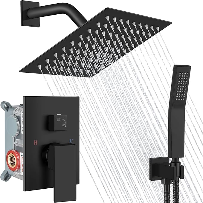 Midanya Shower Faucet Set,Wall Mount Shower System with Square Rain Shower Head and Hand Sprayer, Rough-in Valve Body and Trim Kit Included,8 Inch,Matte Black by Midanya