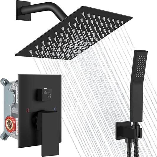 Midanya Shower Faucet Set,Wall Mount Shower System with Square Rain Shower Head and Hand Sprayer, Rough-in Valve Body and Trim Kit Included,8 Inch,Matte Black by Midanya