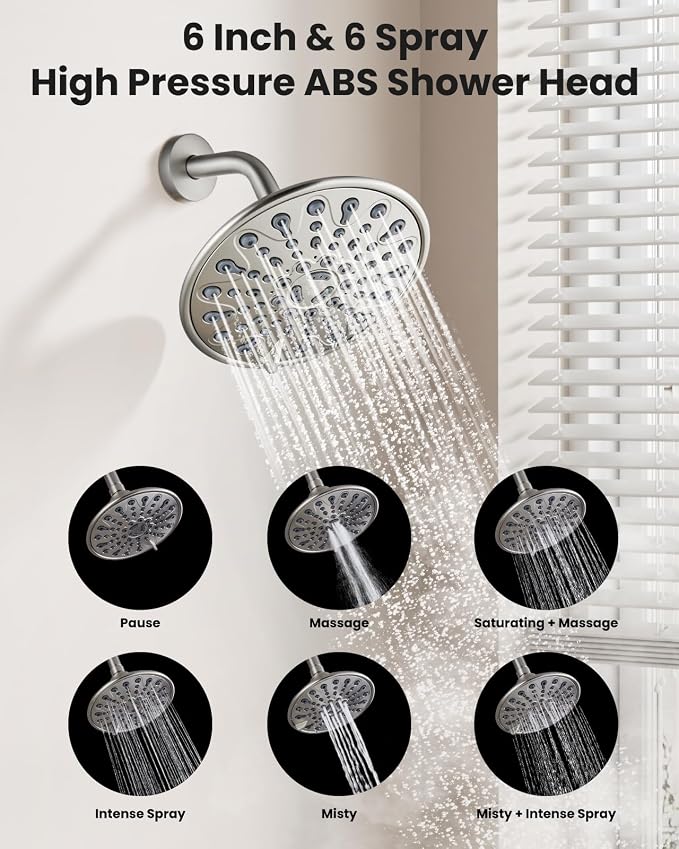 gotonovo Tub Shower Faucet Set Shower Head and Handle Set 6 Modes 6 inch Bathroom Trim Kit with Tub Spout High Pressure Shower System Combo with Valve Round Showerhead Brushed Nickel - Image 4