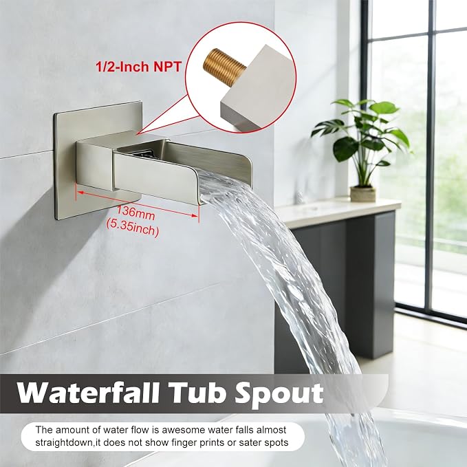 Midanya Rain Shower System Tub Shower Faucet Set Square Rainfall Waterfall Shower Head with Handheld Sprayer Tub Spout Combo Wall Mounted bathtub faucet set Rough-in Valve, 8 Inch Brushed Nickel - Image 3