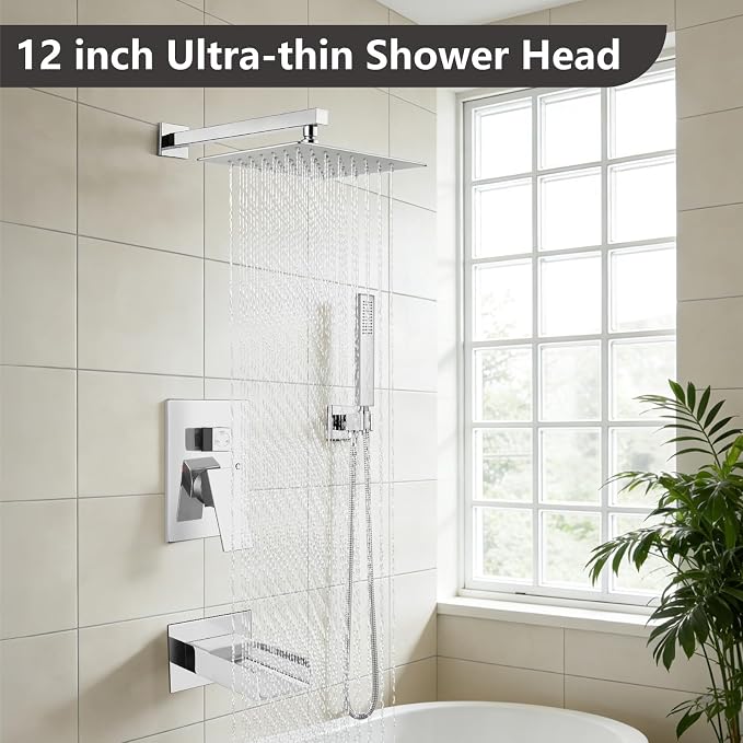 Midanya Rain Shower System Tub Shower Faucet Set Square Rainfall Waterfall Shower Head with Handheld Sprayer Tub Spout Combo Wall Mounted bathtub faucet set Rough-in Valve, 12 Inch Polish Chrome - Image 2