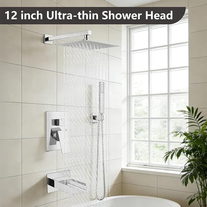 Midanya Rain Shower System Tub Shower Faucet Set Square Rainfall Waterfall Shower Head with Handheld Sprayer Tub Spout Combo Wall Mounted bathtub faucet set Rough-in Valve, 12 Inch Polish Chrome - Image 2