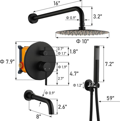 MONDAWE Round Shower Faucet Set with Tub Spout, Wall Mounted Shower System 10 Inch Rainfall Shower Head with Handheld Combo, Matte Black High Pressure Shower Faucets Sets Complete - Image 6
