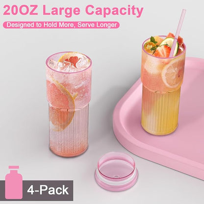 Luiaiog 20oz Glass Cups with Lids and Straws - Set of 4 Reusable Tumblers, Thickened Shatter-Resistant Glass, Ideal for Iced Coffee, Smoothies, Cocktails, Juices - Elegant & Durable Drinkware (Pink) - Image 6