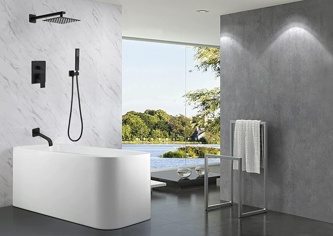Matte Black Shower System with Tub Spout Wall Mounted Bathtub Shower Faucet Set for Bathroom with High Pressure 10" Rain Shower head and Handheld Shower Head Kit - Image 2