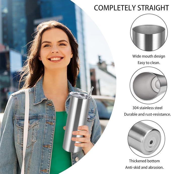 12 Pack 20 Oz Straight Skinny Tumblers,Individually Gift Boxed Stainless Steel Slim Skinny Tumbler Set Bulk, 20 Oz Insulated Slim Thin Travel Tumbler Cup for Diy, Silver - Image 4