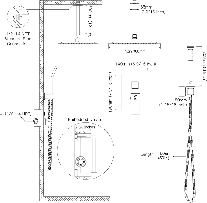 12 Inch Ceiling Mount Shower System Matte Black Rain Mixer Shower Combo Set High Pressure Rainfall Shower Head System Bathroom Luxury Shower Faucet Set Rough-in Valve and Shower Trim Included - Image 8