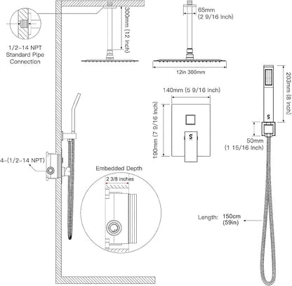 12 Inch Ceiling Mount Shower System Matte Black Rain Mixer Shower Combo Set High Pressure Rainfall Shower Head System Bathroom Luxury Shower Faucet Set Rough-in Valve and Shower Trim Included - Image 8