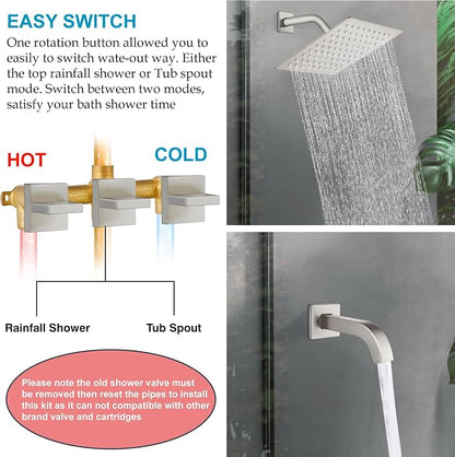 Midanya 3 Handle Tub Shower Faucet with Tub Spout,8-inch Rainfall Bathtub Rain Shower Faucet Set and Rough-in Valve Wall Mount Bathroom Trim Kit Shower System, Square Shower Head Brushed Nickel - Image 7