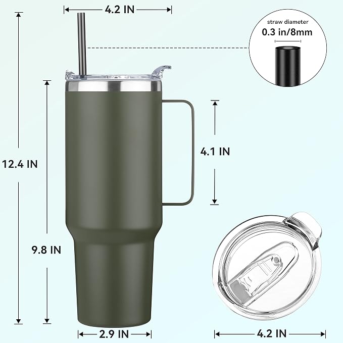 HASLE OUTFITTERS 40 oz Stainless Steel Tumbler with Handle, Vacuum Insulated Tumblers Bulk, Reusable Double Wall Travel Coffee Mug, Durable Powder Coated Water Bottles(Army Green, 8) - Image 3