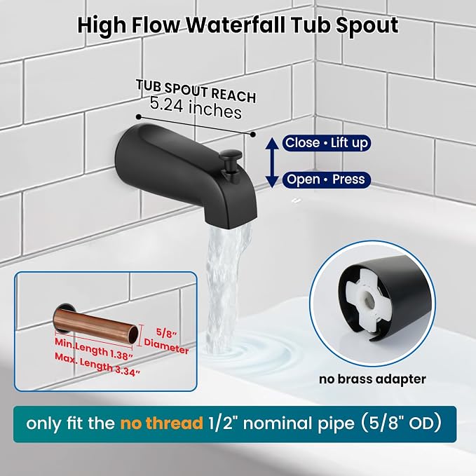 gotonovo Tub Shower Faucet Set,2 in 1 Dual Shower Head and Handle Set with Tub Spout Wall Mount Bathroom Shower Trim Kit with 3-way Water Diverter Valve Included Various Modes Matte Black - Image 3