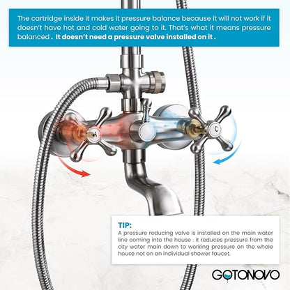 gotonovo Bathroom Exposed Shower Faucet Outdoor Shower System 8 Inch Rainfall Shower Head Set with Tub Spout and Handheld Spray Double Cross Handles Wall Mount without Shower Shelf Brushed Nickel - Image 2