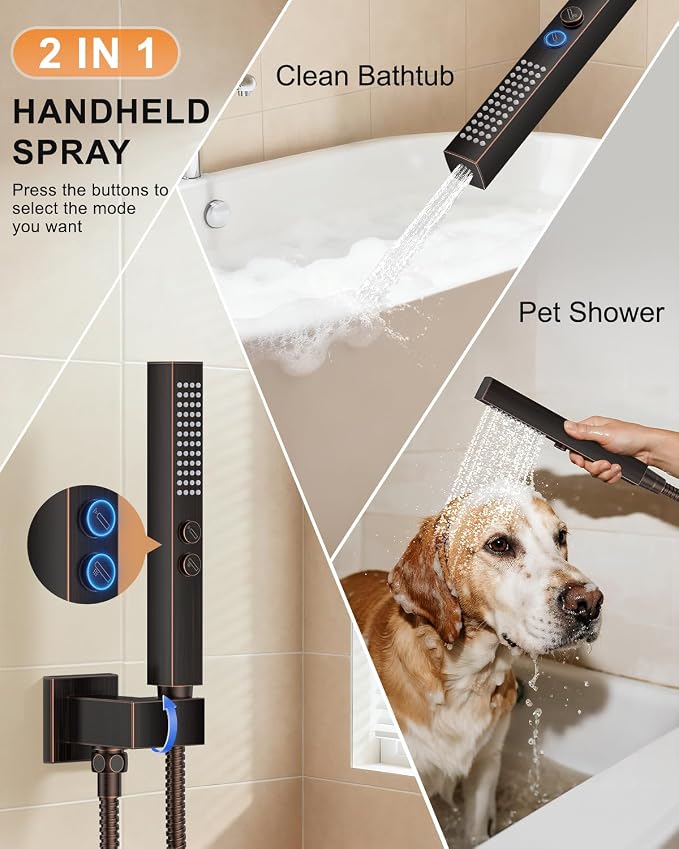 Oil Rubbed Bronze Shower System with Tub Spout, Wall Mounted Bathtub Faucet Set, 12" Rainfall Shower Head and Handheld Shower Combo, High Pressure Shower Fixtures Set with Rough-in Valve - Image 4