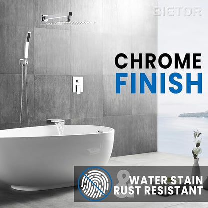 Wall Mounted Shower Faucet Set, Shower System with Tub Spout, 10 Inch Rainfall Shower Head with Handheld Spray, Waterfall Tub Spout Bathtub Faucet, Chrome - Image 5
