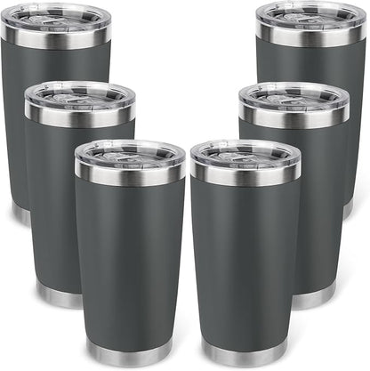 20oz Stainless Steel Tumbler Bulk with Lid, Travel Mug - Double Wall Vacuum Powder Coated Cup - Grey, 6 Pack by Unknown