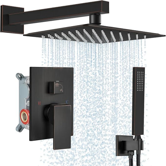 Midanya Shower Faucet Set,Wall Mount Shower System with Square Rain Shower Head and Hand Sprayer, Rough-in Valve Body and Trim Kit Included,12 Inch,Oil Rubbed Bronze by Midanya