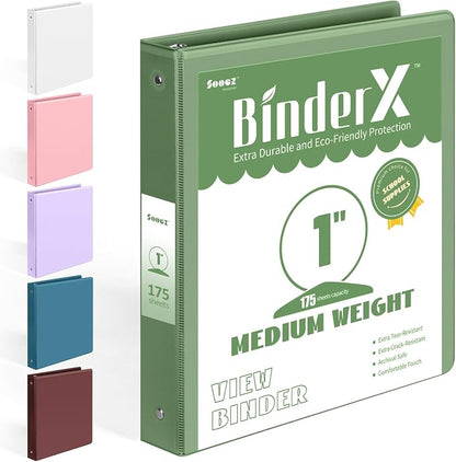 BinderX Extra Durable 3 Ring Binder, Round Rings 1 Inch Binder, Fits 175 Sheets by Sooez