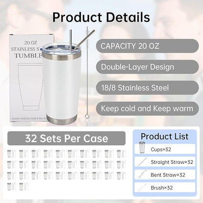 IEOVIEE 32 Pack, 20oz Stainless Steel Bulk Tumblers with Lids and Straws, Double Wall Insulated Travel Coffee Mug, Durable Powder Coated Tumbler Bulk Cup for Cold and Hot Drinks(White) - Image 2