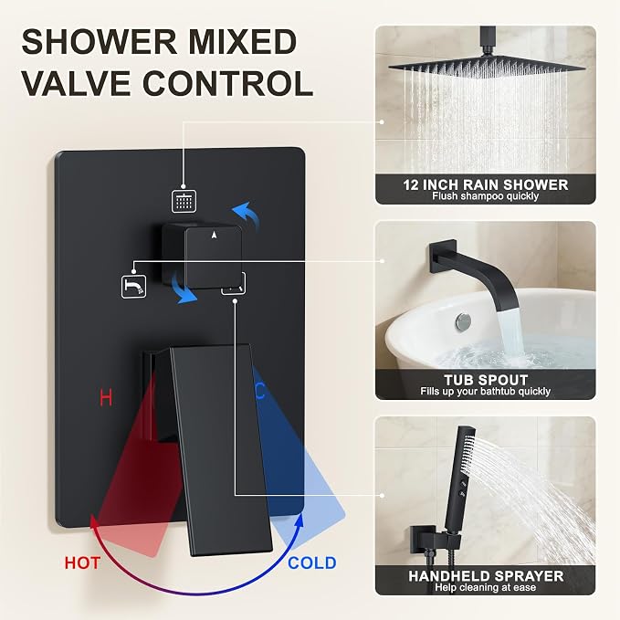 Shower System with Tub Spout, Ceiling Mounted Bathtub Shower Faucet Set, 12" Rainfall Shower Head and Handheld Shower Combo, High Pressure Shower Fixtures Set with Rough-in Valve, Matte Black - Image 7