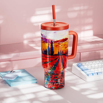 Meoky 40 oz Tumbler with Handle and Straw: Stainless Steel Insulated Tumbler with Lid and Straw - 100% Leak Proof Tumbler for Car Cup Holders - Travelers Commuters Workers, Red Floral - Image 7