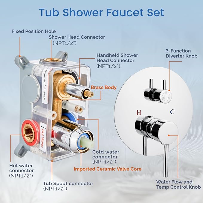 Airuida 3-Function Rain Shower System Set – Wall Mount Tub Shower Combo with Handheld Shower and Tub Spout,10 Inch Shower Head,Chrome Polish - Image 5