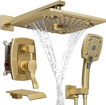 ELLO&ALLO Bathroom Shower Faucet Set Mixing Valve and Trim Kit, Complete Shower System with Tub Spout, Brushed Gold by ELLO%26ALLO
