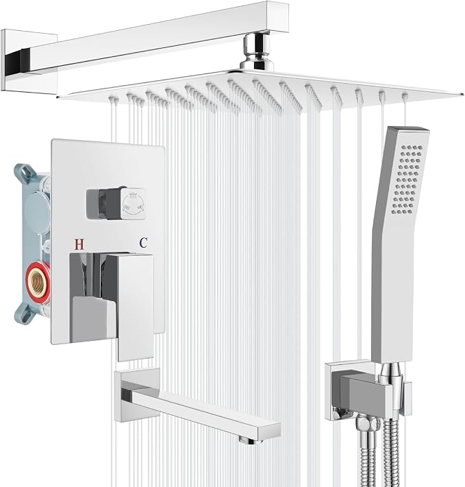 gotonovo Shower System with Tub Spout Wall Mounted Rain Shower Head and Handle Combo Shower Faucet Set with Valve, 12 Inch, Polish Chrome by HOME