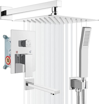 gotonovo Shower System with Tub Spout Wall Mounted Rain Shower Head and Handle Combo Shower Faucet Set with Valve, 12 Inch, Polish Chrome by HOME