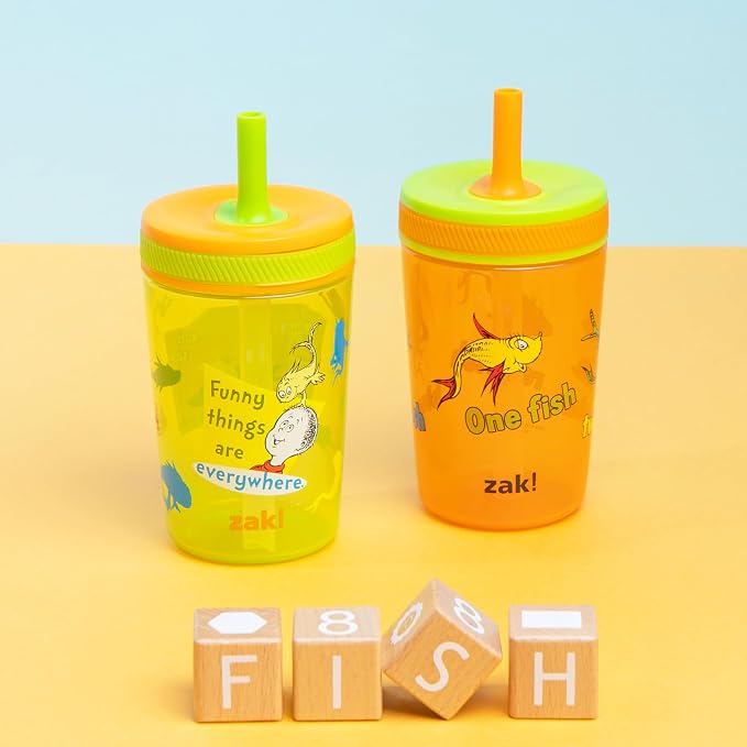 Zak Designs Dr. Seuss Kelso Toddler Cups For Travel or At Home, 15oz 2-Pack Durable Plastic Sippy Cups With Leak-Proof Design is Perfect for Kids (One Fish, Two Fish) - Image 2
