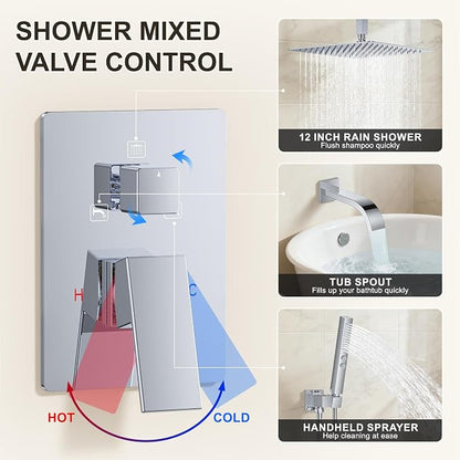 Chrome Shower System with Tub Spout, Ceiling Mounted Bathtub Shower Faucet Set, 12" Rainfall Shower Head and Handheld Shower Combo, High Pressure Shower Fixtures Set with Rough-in Valve - Image 7