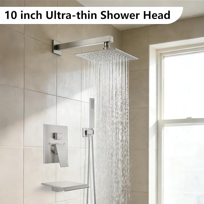 Midanya Shower System with Tub Spout,Bathtub Shower Faucet Set with Square Rainfall Head and Handheld Sprayer Wall Mount Tub Faucet Set with Valve and Trim Kit,10 Inch Brushed Nickel - Image 2