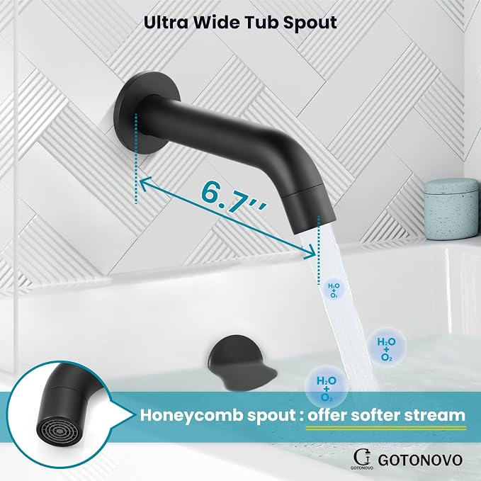gotonovo Shower System with Tub Spout Wall Mount 3 Function Rough-in Valve Bathtub Shower Faucets Set Complete Rain 10 Inch Round Showerhead Trim Kit Combo, Cylindrical Handheld, Matte Black - Image 7