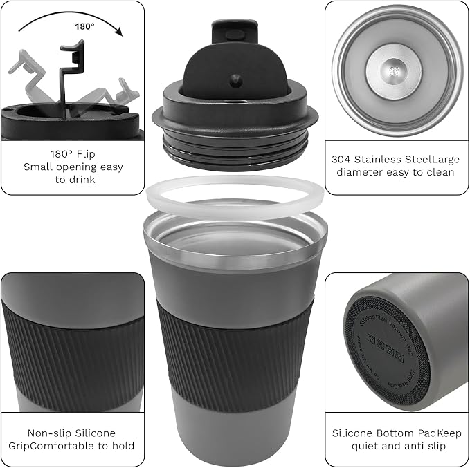 YINBAOGE Insulated Travel Coffee Mug, Spill & Leak Proof, Portable To Go Camping Stainless Steel Coffee Tumbler, Reusable Thermal Coffee Cup with Lid for Hot & Cold Drinks (Grey, 12 OZ) - Image 2