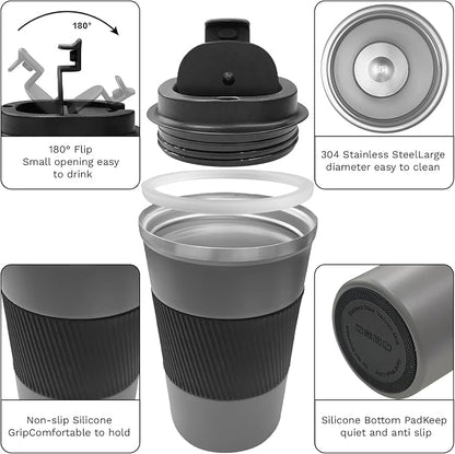 YINBAOGE Insulated Travel Coffee Mug, Spill & Leak Proof, Portable To Go Camping Stainless Steel Coffee Tumbler, Reusable Thermal Coffee Cup with Lid for Hot & Cold Drinks (Grey, 12 OZ) - Image 2