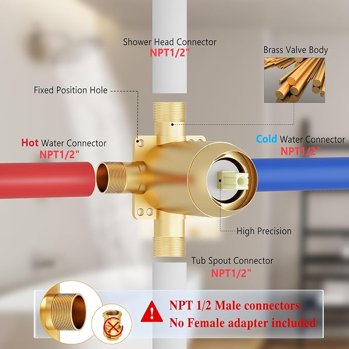 Tub Shower Faucet, Brushed Gold Shower Faucet Set with 6-Inch All-Metal Rainfall Showerhead and Bathtub Spout, Single-Handle Tub Shower-Trim Kit Included Valve, Brushed Gold - Image 7