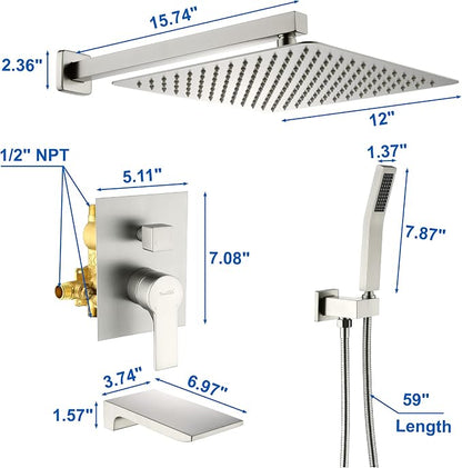 SHAMANDA Shower System with Waterfall Tub Spout and Handheld Shower Head, 12" Rain Shower Faucet Sets Complete with Shower Round-in Valve and Trim Wall Mount, Brushed Nickel, L101-2 - Image 7
