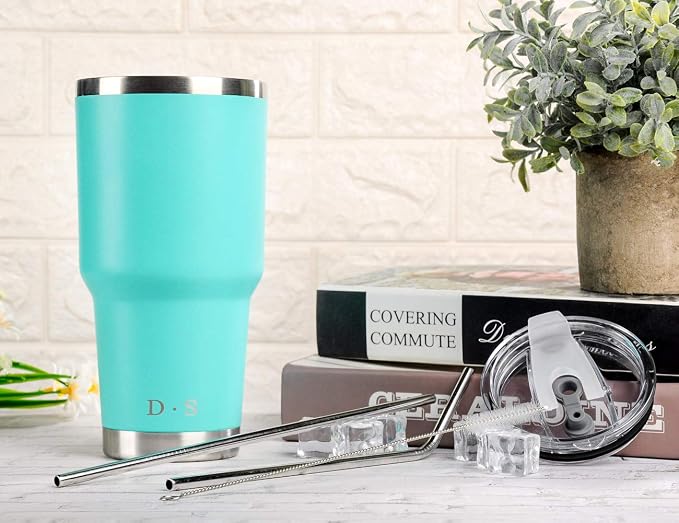 D·S 30oz Mint Tumbler Stainless Steel Double Wall Vacuum Insulated Mug with Straw and Lid, Cleaning Brush for Cold and Hot Beverages - Image 4