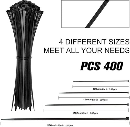 Cable Zip Ties, 400 Pack Black Assorted Sizes 12+8+6+4 Inch, Plastic Wire Ties - Image 2