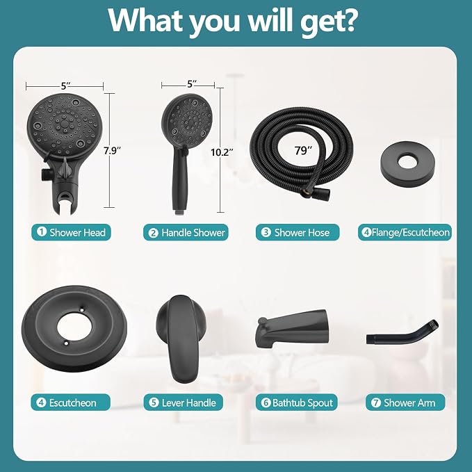 5" Dual Shower Faucet Compatible with Delta 13/14 Series Tub Trim Kit, High Pressure Round Rain Shower Head& Handheld Set Faucet System, Matte Black (Valve& Catridge Not Inclued) - Image 9