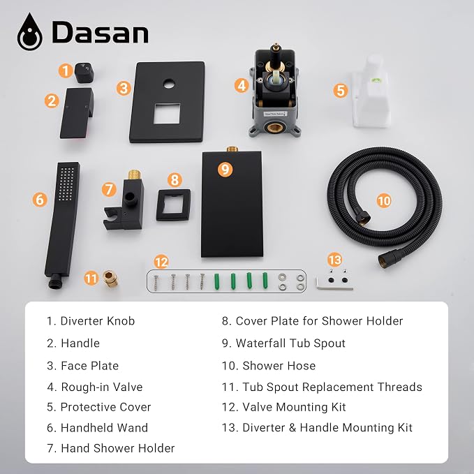 DASAN Waterfall Tub Filler Faucet Wall Mount with Hand Shower, Modern Wall Mounted Bathtub Faucet Matte Black Tub Faucet with High Flow Rough in Valve, SA-TF01WH-MB - Image 8