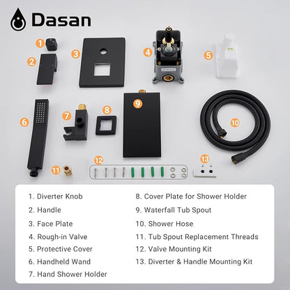 DASAN Waterfall Tub Filler Faucet Wall Mount with Hand Shower, Modern Wall Mounted Bathtub Faucet Matte Black Tub Faucet with High Flow Rough in Valve, SA-TF01WH-MB - Image 8