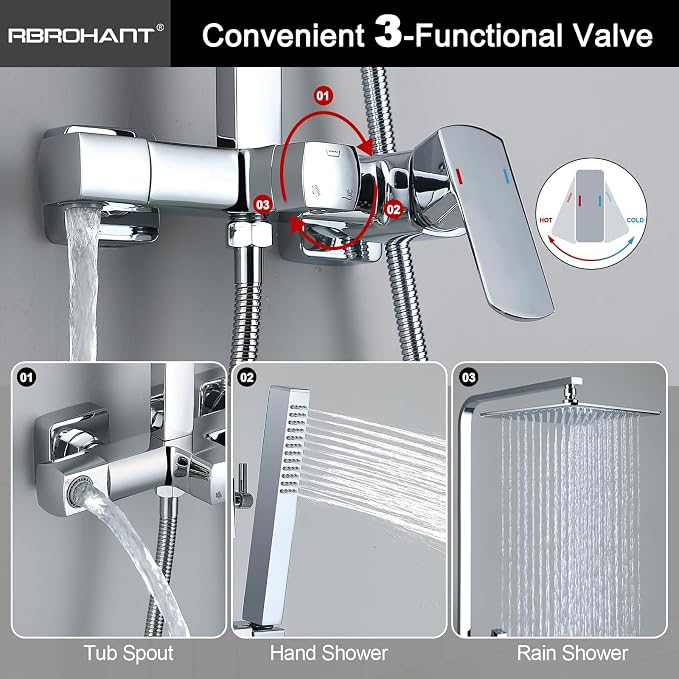 RBROHANT Polished Chrome Exposed Shower System with Tub Spout, Exposed Shower Fixtures for Bathroom with Brass 3-Functional Valve, Height Adjustable, Wall Mounted - Image 4