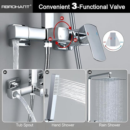 RBROHANT Polished Chrome Exposed Shower System with Tub Spout, Exposed Shower Fixtures for Bathroom with Brass 3-Functional Valve, Height Adjustable, Wall Mounted - Image 4