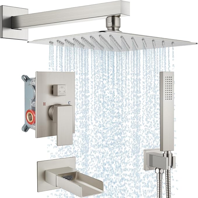 Midanya Rain Shower System Tub Shower Faucet Set Square Rainfall Waterfall Shower Head with Handheld Sprayer Tub Spout Combo Wall Mounted bathtub faucet set Rough-in Valve, 12 Inch Brushed Nickel by Midanya