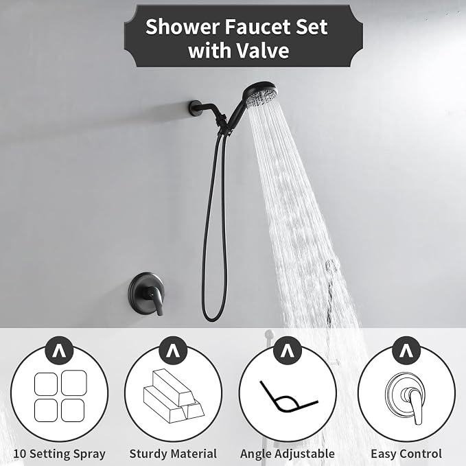 Single-Handle Shower Faucet Set Shower Kit with Valve Shower Trim Kit with 10 Spray Handheld Shower Head System Shower Valve and Trim Kit Matte Black Shower Fixtures - Image 7