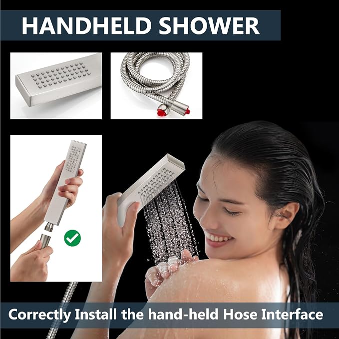Aolemi Shower Faucet Set with Handheld Spray High Pressure Shower System Shower Faucets Sets Complete Rough-in Valve and Shower Trim Kit Wall Mount Rainfall 16 Inch LED Shower Head Brushed Nickel - Image 7