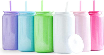 6 Pack Glass Cups with Lids and Straws Unbreakable 16 oz Stainless Steel Can Cup Double Wall Insulated Beer Can Tumbler for Iced Coffee, Juice, Soda, Iridescent-Colored by FECBK