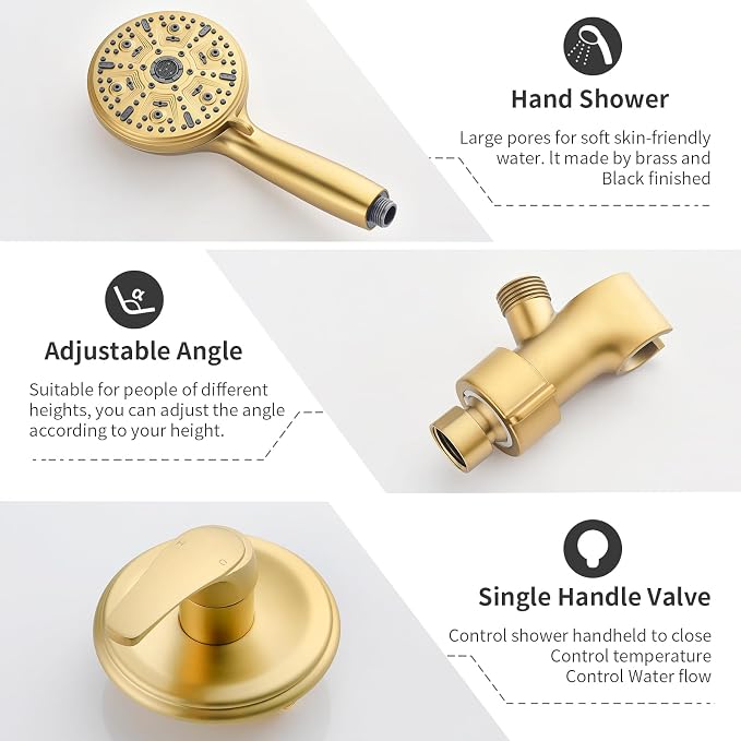 Single-Handle Shower Faucet Set Shower Kit with Valve Shower Trim Kit with 10 Spray Handheld Shower Head System Shower Valve and Trim Kit Brushed Gold Shower Fixtures - Image 7