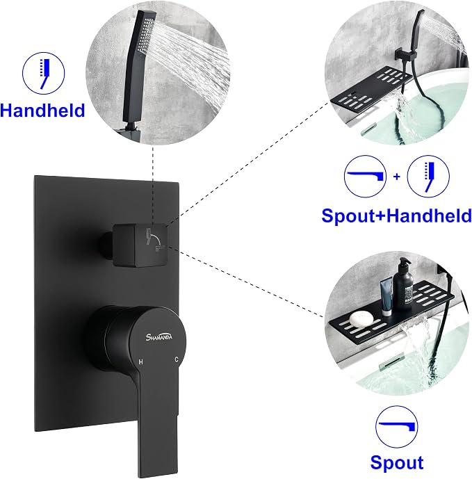 SHAMANDA Wall Mount Bathtub Faucet with Sprayer, Waterfall Tub Filler with Handheld Showerhead, Single Handle Tub and Shower Faucet Combo Set with Rough-In Valve Body and Trim, Matte Black, L903-7 - Image 3