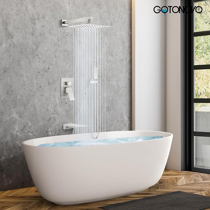 gotonovo Shower System with Tub Spout,Waterfall Tub Shower Faucet Set for Bathroom Head and Handle Set Wall Mounted 3 Function Rough-in Valve and Trim Included 12 inch Shower Head Brushed Nickel - Image 2
